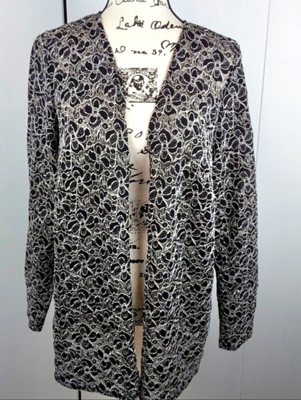 Catherines|Black/White Open Blazer Swirl Metallic Semi Sheer Elegant Evening XL - Picture 2 of 7